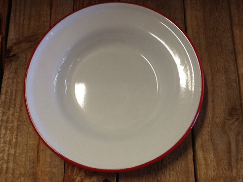 Baked Enamel Vintage White with Red Rim Salad or Dessert Plate - Dusty Cowboy